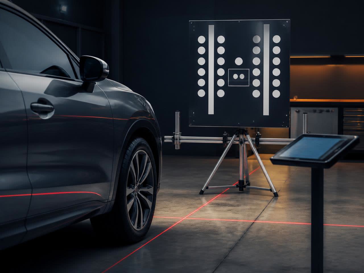 Auto grigia in officina davanti a un pannello target di calibrazione ADAS su cavalletto, con linee laser sul pavimento e tablet diagnostico