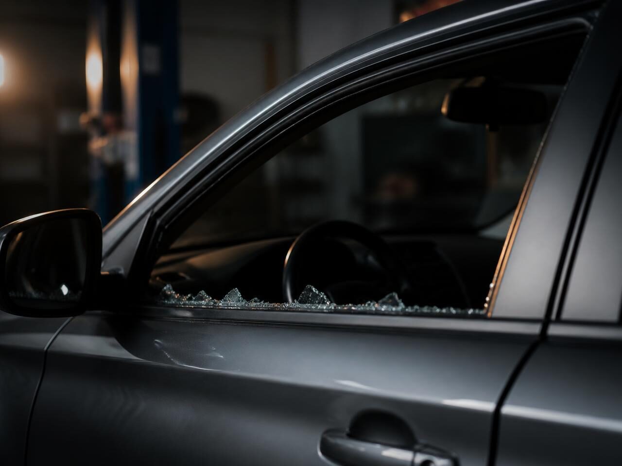 Portiera anteriore di un'auto grigia con il finestrino completamente frantumato e frammenti di vetro sul bordo