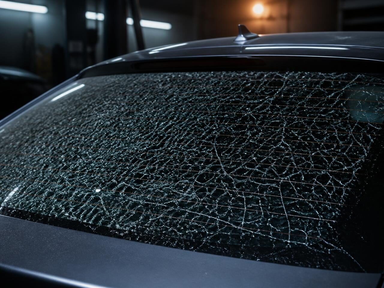 Lunotto posteriore di un'auto grigia frantumato a ragnatela, con le linee dello sbrinatore interrotte