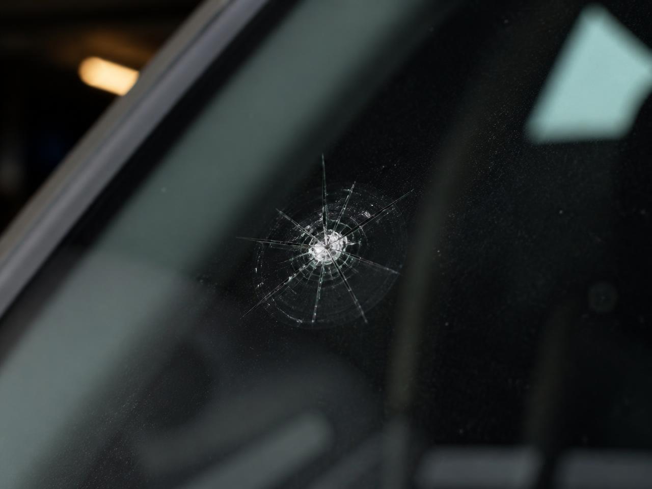Parabrezza di un'auto grigia con una scheggiatura a stella e piccole crepe radiali attorno al punto d'impatto