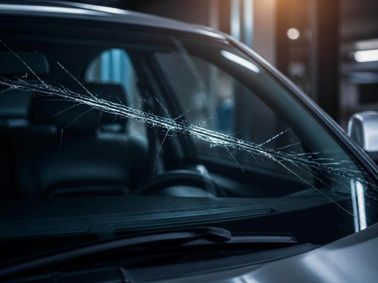 Parabrezza di un'auto grigia attraversato da una lunga crepa diagonale